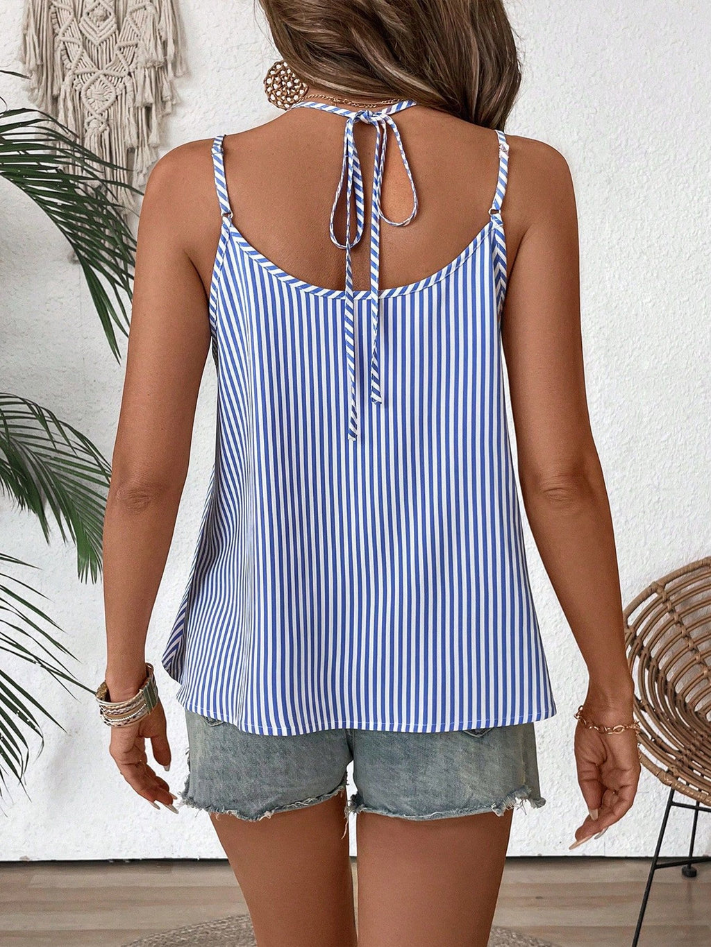 Striped Adjustable Shoulder Strap Decorative Buttons V-Neck Summer Casual Cami Top