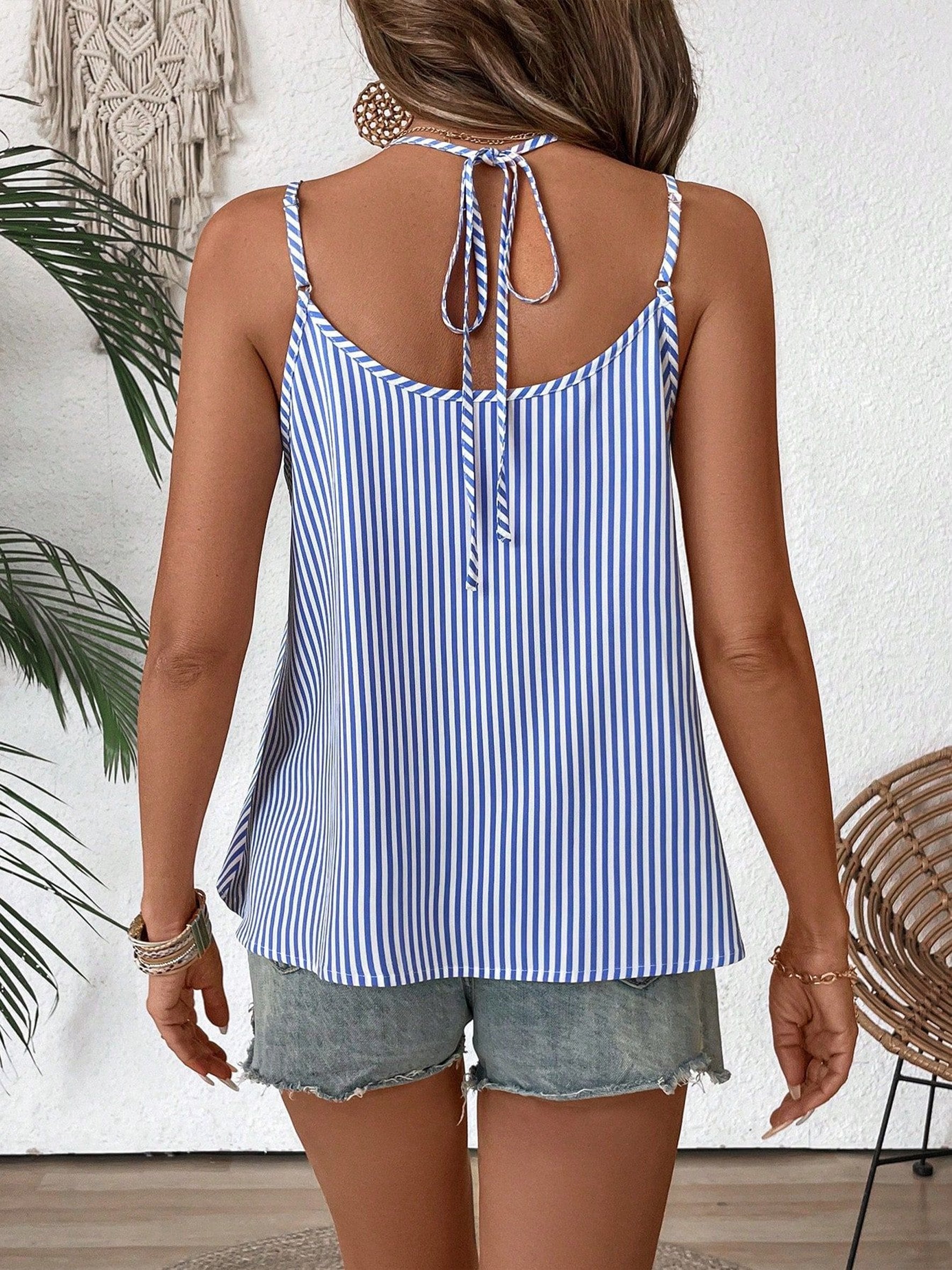 Striped Adjustable Shoulder Strap Decorative Buttons V-Neck Summer Casual Cami Top