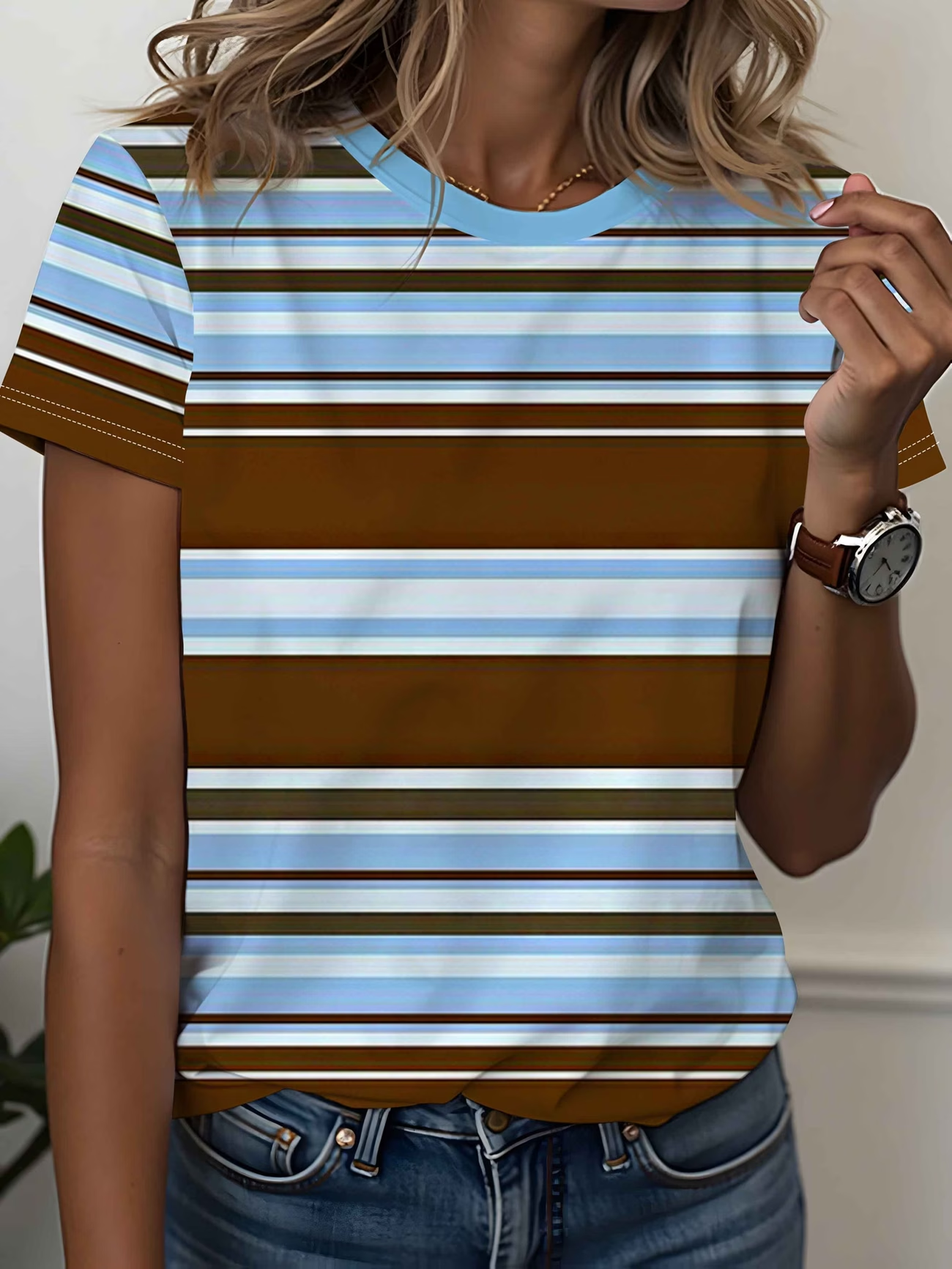 Women's Short Sleeve T-shirt Summer As Picture Striped Printing Jersey Crew Neck Daily Going Out Casual Top