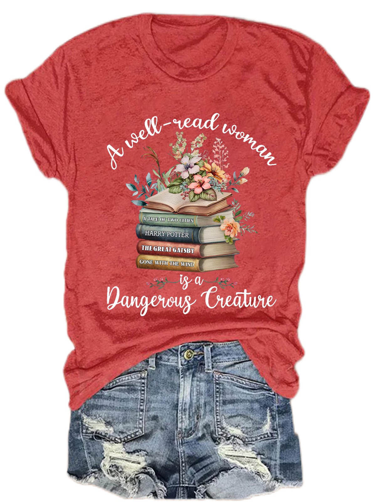Bookshelf A Well Read Woman Is A Dangerous Creature Book Lovers Simple Loose T-Shirt