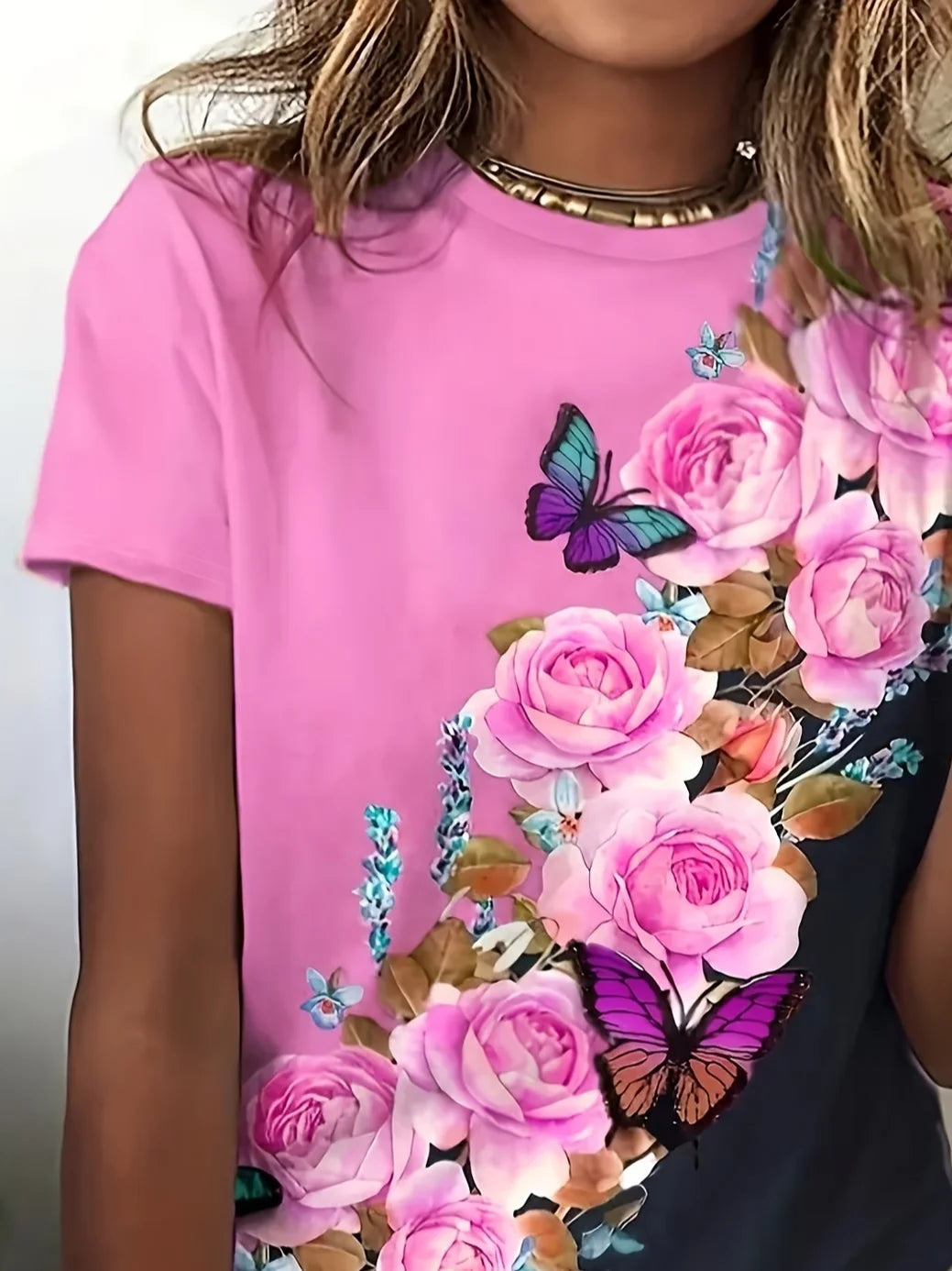 Women's Short Sleeve T-shirt Summer Pink Floral Printing Jersey Crew Neck Daily Going Out Casual Top