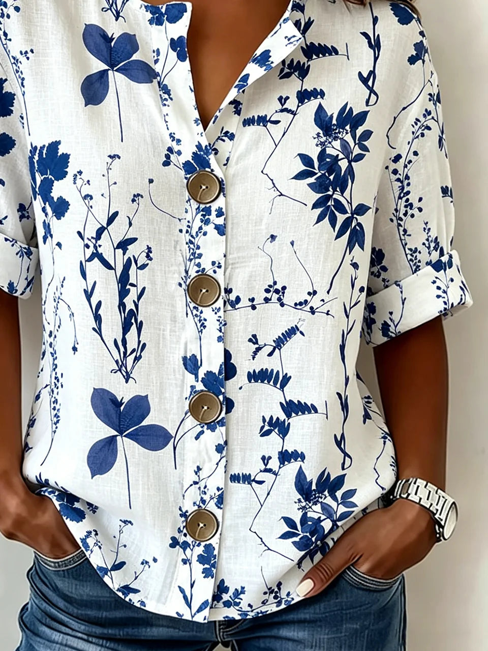 Women's White Blue Botanical Print Blouse Short Sleeve Button Down Casual Top