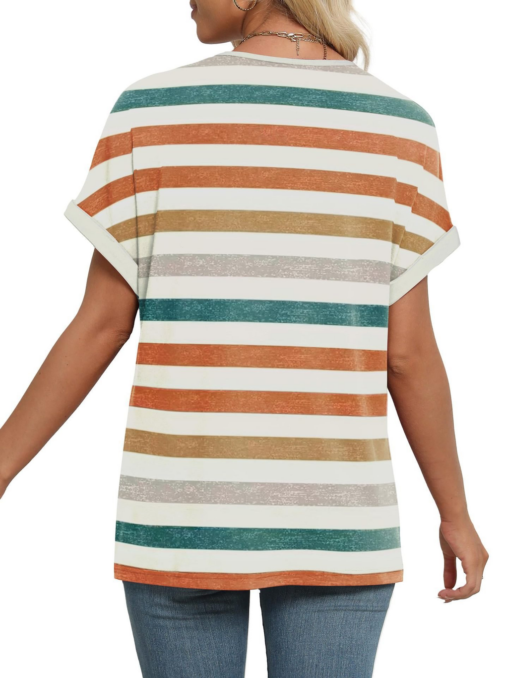 Striped Top Short Sleeve V Neck Casual T-Shirt