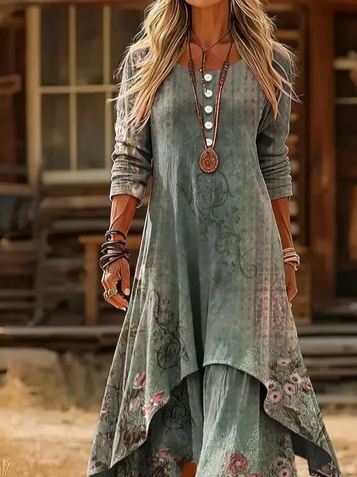 Boho Chiffon Floral Crew Neck Dress With No