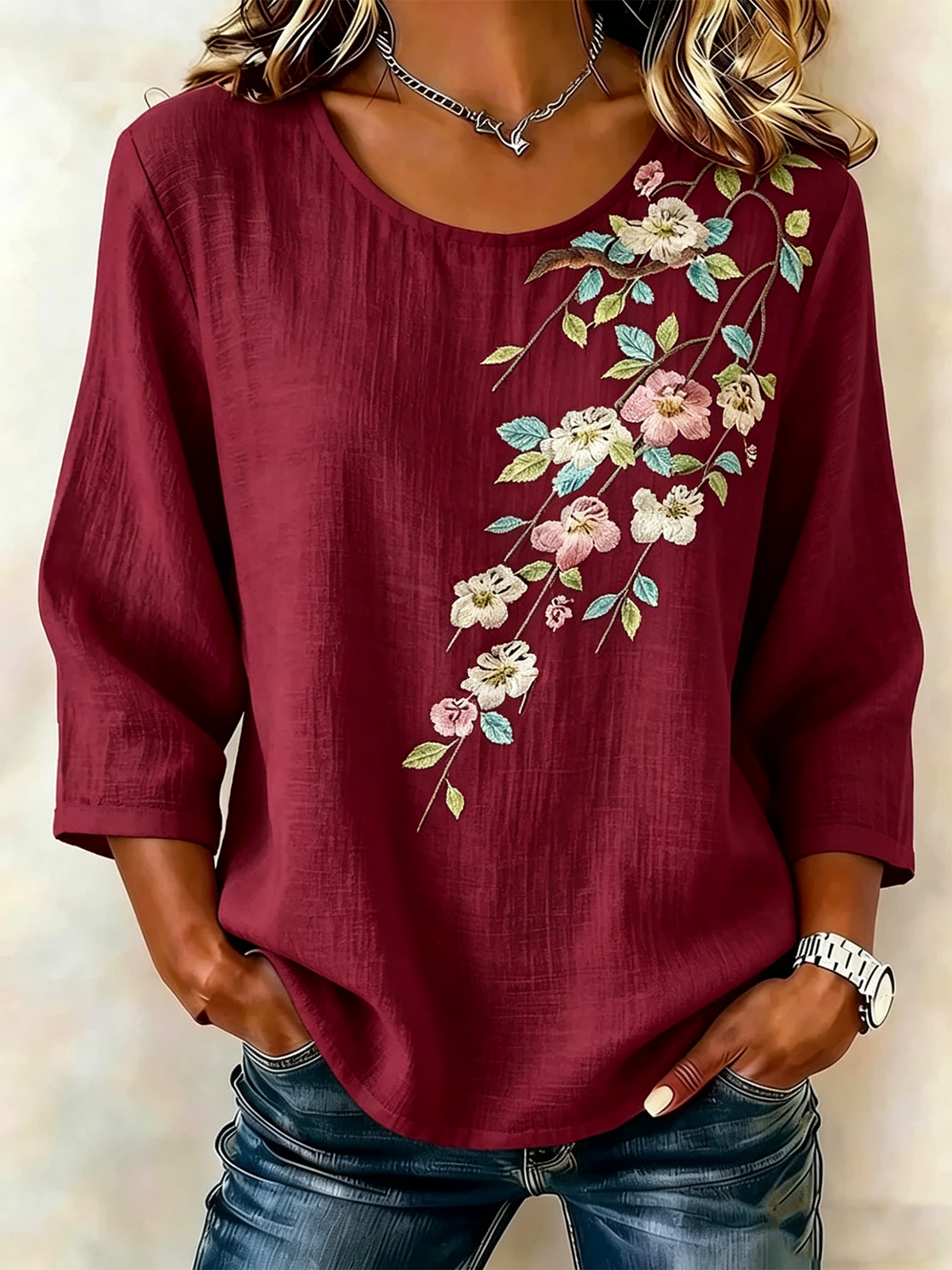 Women’s White Floral Bird Print 3/4 Sleeve Round Neck Boho Blouse