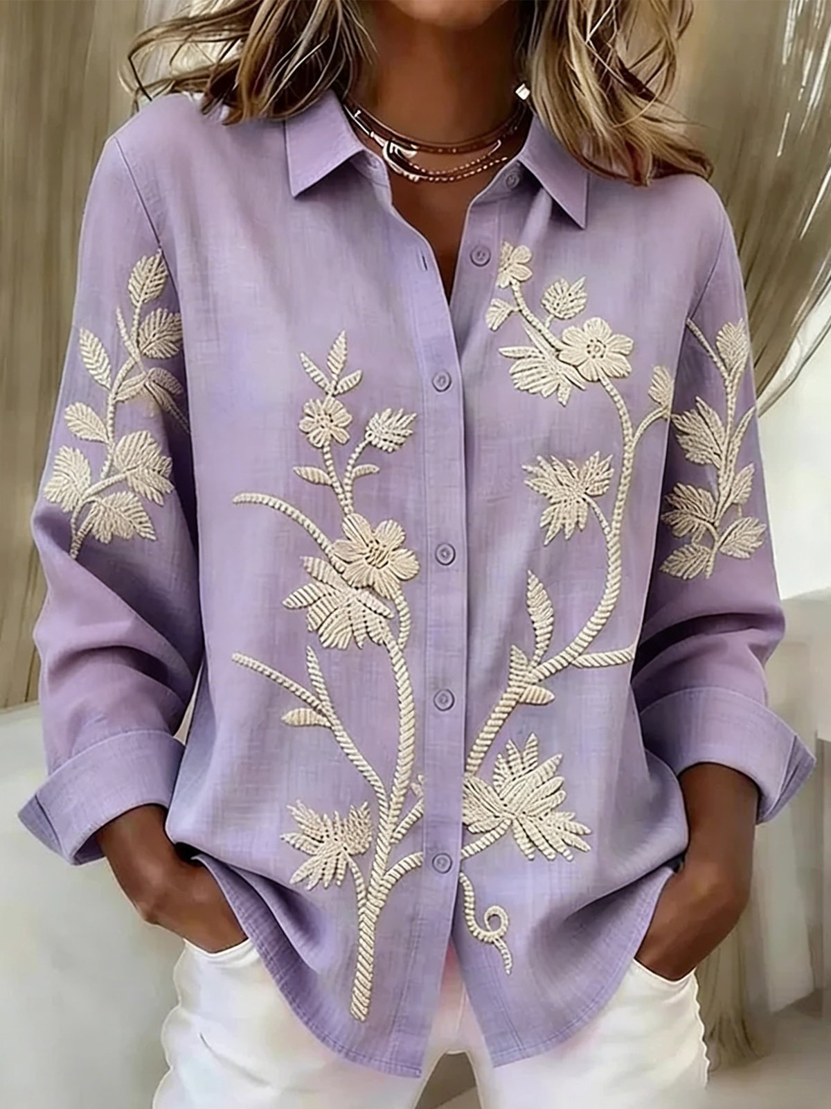 Women’s Light Blue Printed Floral Long Sleeve Button Down Collared Blouse Elegant Shirt