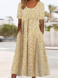 Women's Short Sleeve Summer Yellow Floral Printing Crew Neck Daily Going Out Casual Maxi H-Line Shift Dress Dress