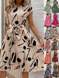 Women's Short Sleeve Summer Apricot Abstract Graphic Split Joint V Neck Daily Going Out Vintage Midi A-Line Tank Dress