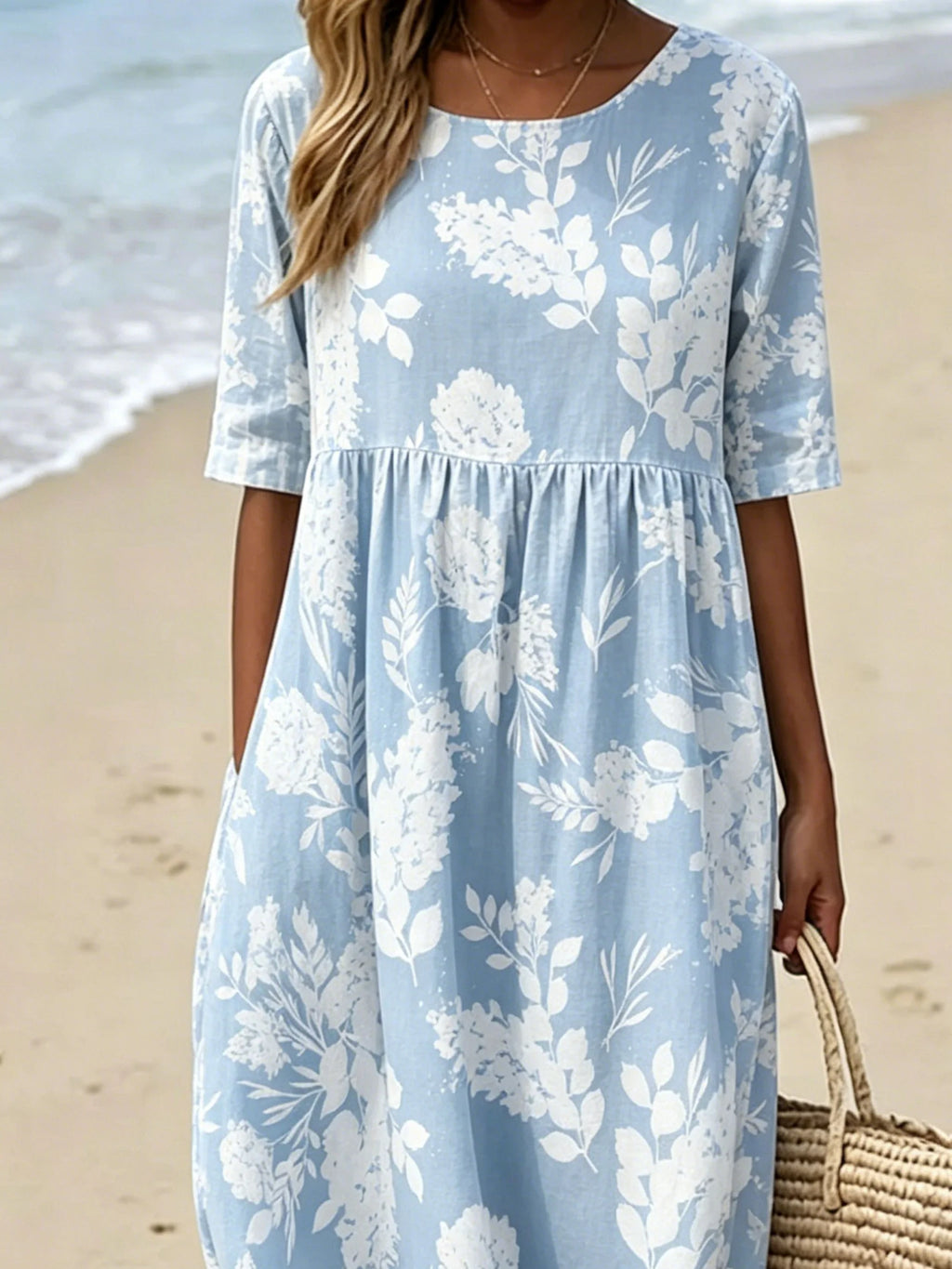 Blue Floral Crew Neck Short Sleeve Summer Daily Going Out Casual Maxi Dress