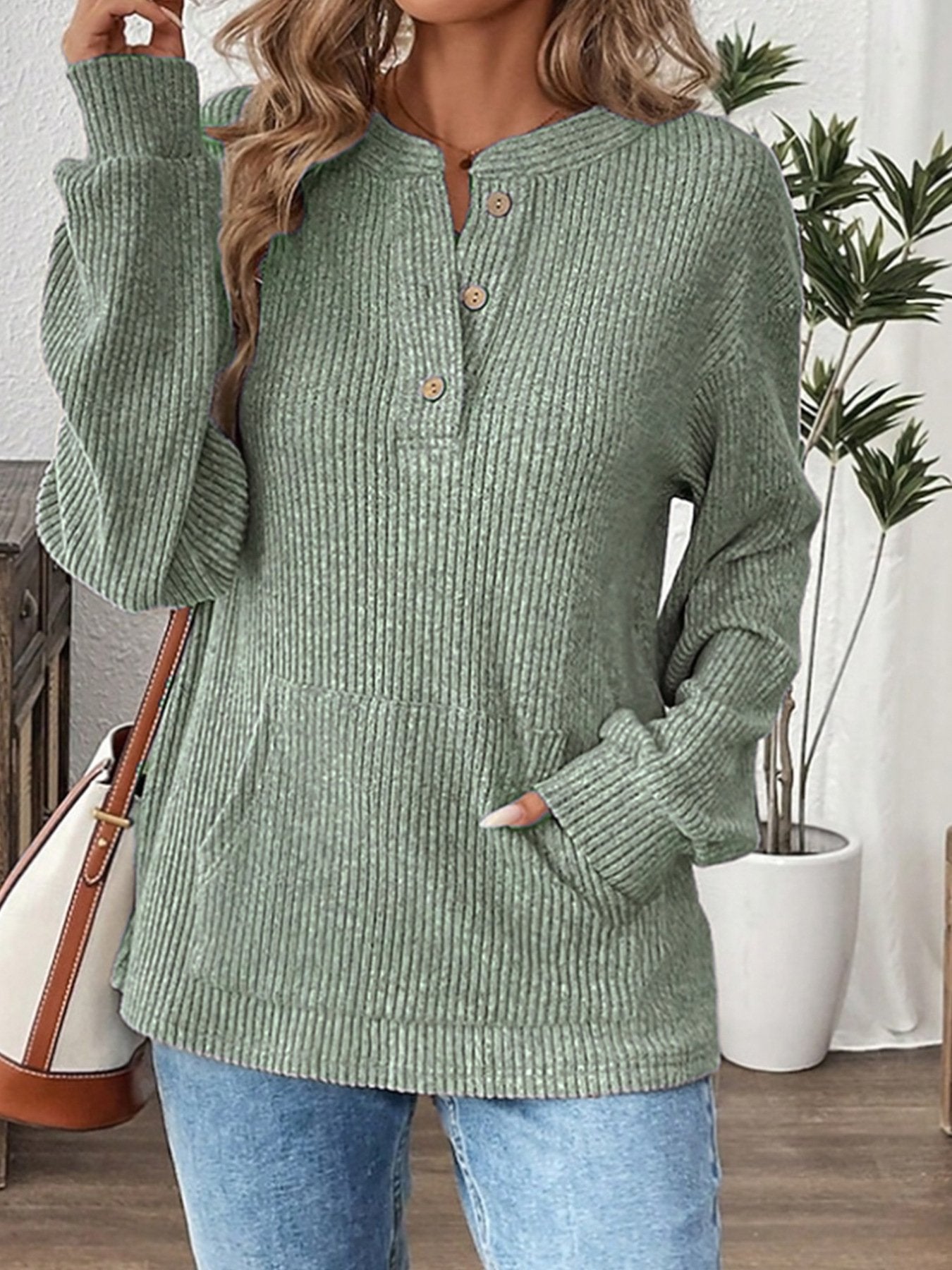 Women's Long Sleeve T-shirt Spring/Fall Aqua Plain Buckle Cotton-Blend V Neck Daily Going Out Casual Top