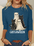 Catloween Funny Halloween Casual Long Sleeve Shirt