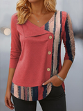 Women's Long Sleeve T-shirt Spring/Fall Deep Pink Striped Printing V Neck Daily Going Out Casual Top