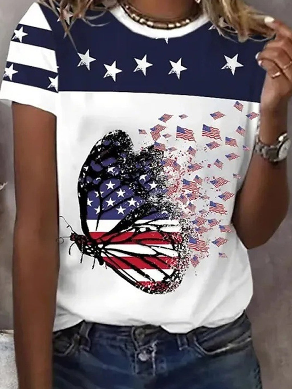 3D Printing America Flag Butterfly Crew Neck Short Sleeve T-Shirt