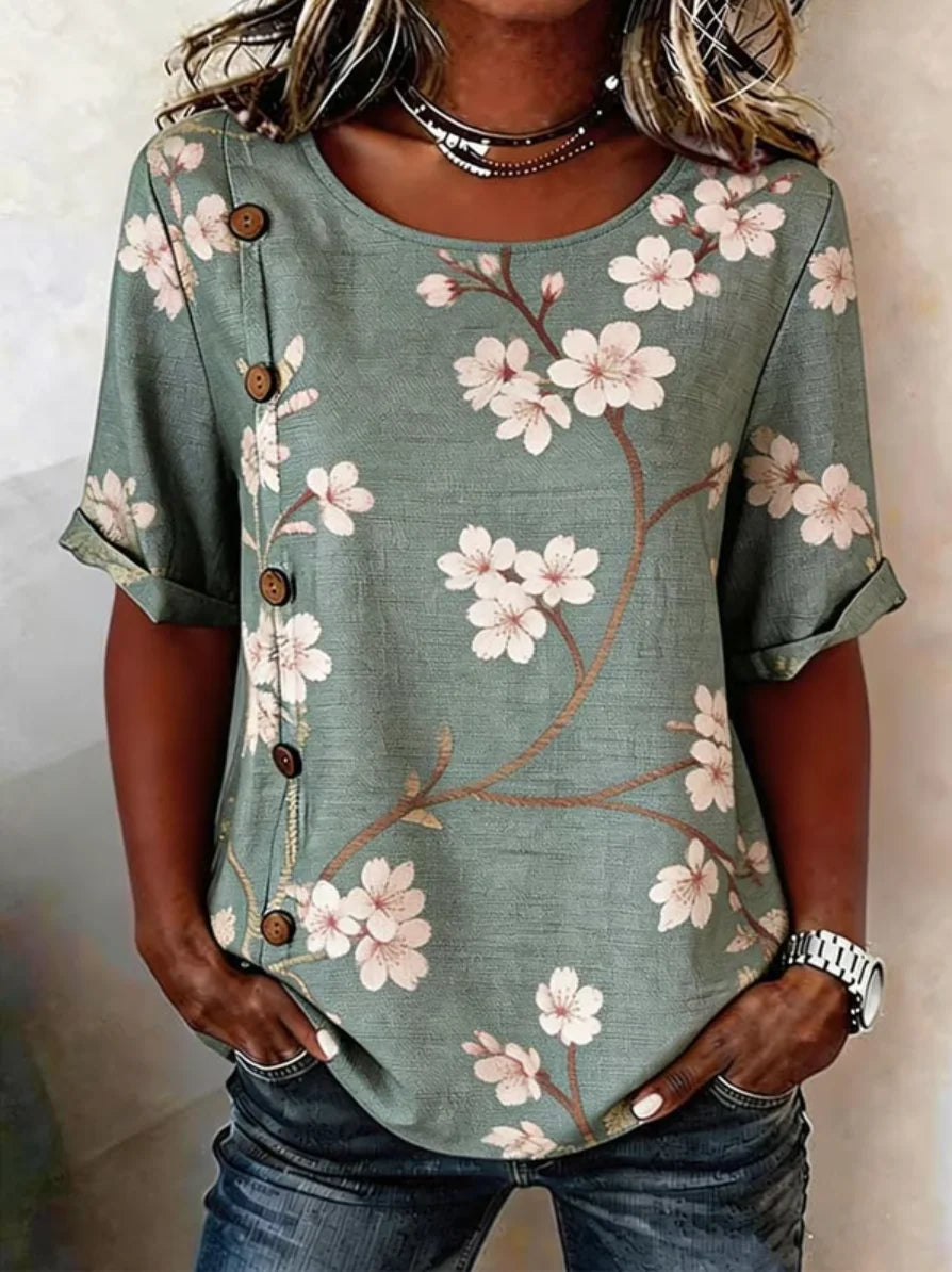 Floral Loose Linen Blend Elegant Shirt