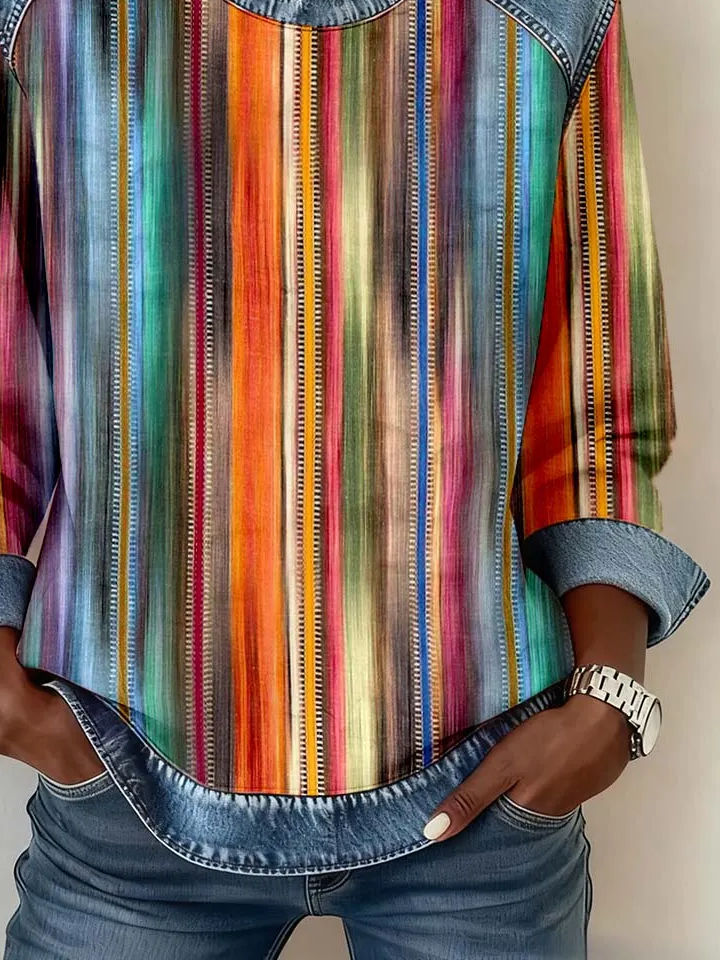 Women's Abstract Print Patchwork Denim Crewneck Long-Sleeved Sweatshirt