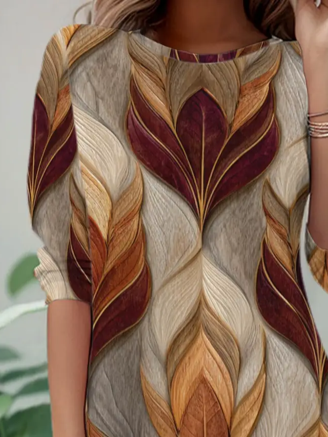 Women's Long Sleeve T-shirt Spring/Fall Brown Abstract Jersey Crew Neck Daily Going Out Casual Tunic Top