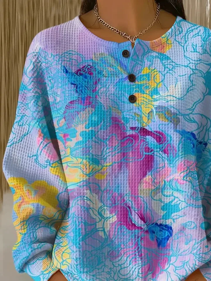 Women's Abstract Print Button-Up Casual Waffle Knit Sweatshirt