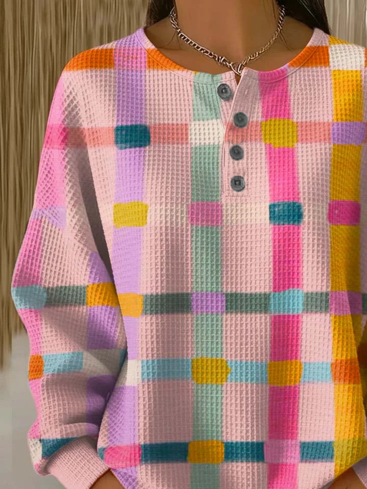 Women's Abstract Print Button-Up Casual Waffle Knit Sweatshirt