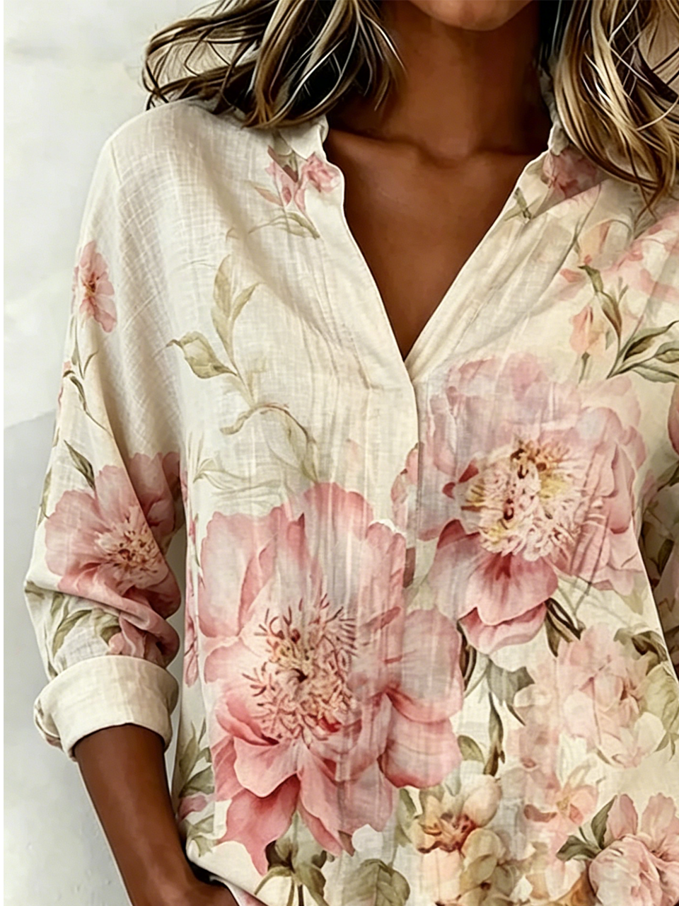 Women's Long-Sleeve Vintage Floral Cotton-Linen Blouse