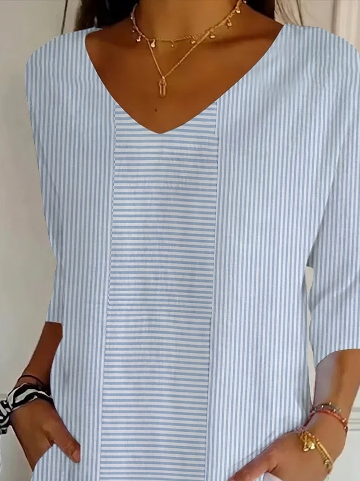 Women's Three Quarter Sleeve T-shirt Spring/Fall Blue Striped Printing V Neck Daily Going Out Casual Top