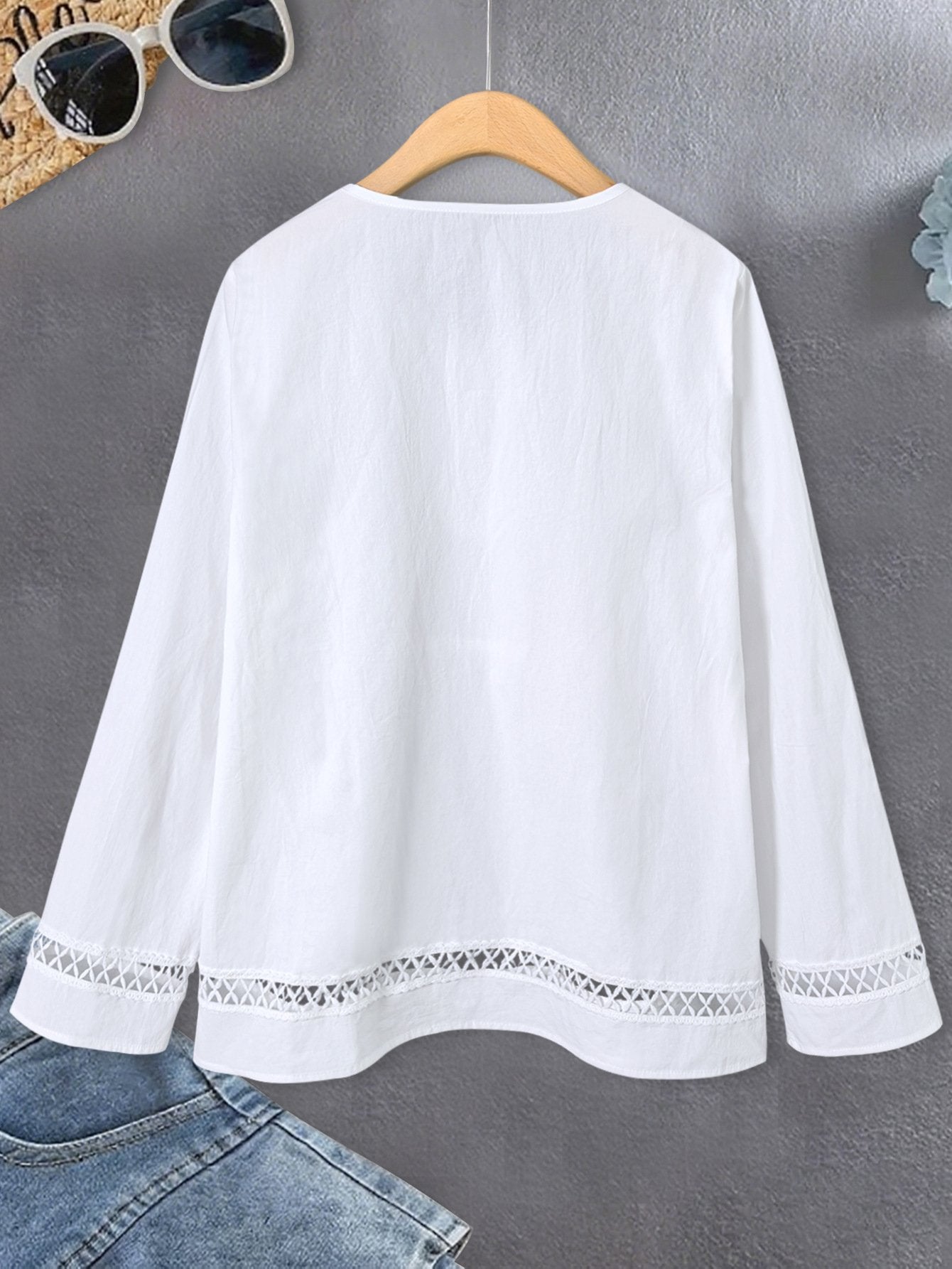 Women's Long Sleeve Shirt Spring/Fall White Floral Split Joint Cotton Crew Neck Daily Going Out Casual Top