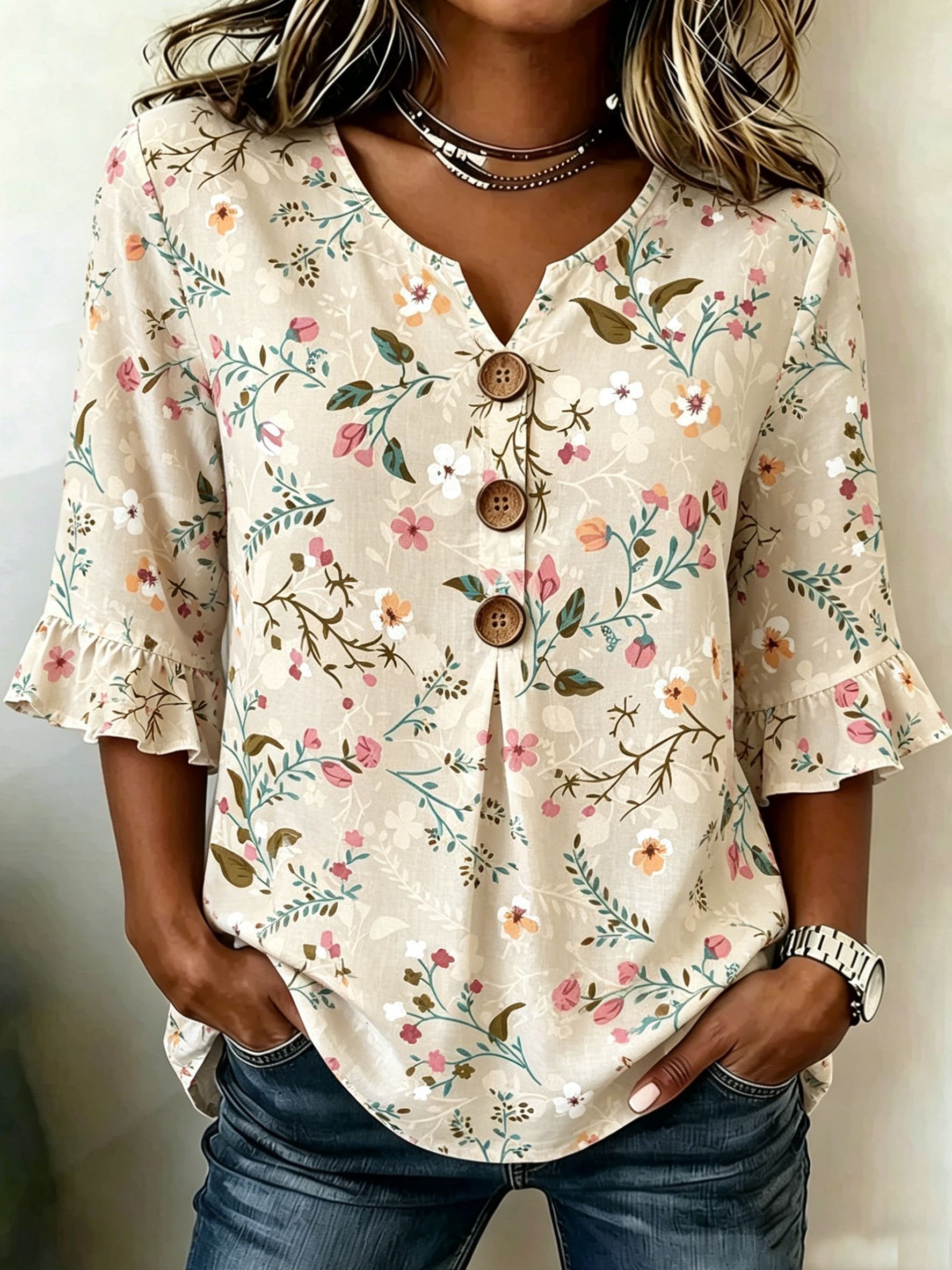 Women's Floral Half Ruffle Sleeve Blouse Summer V Neck Button Daily Going Out Vintage Top