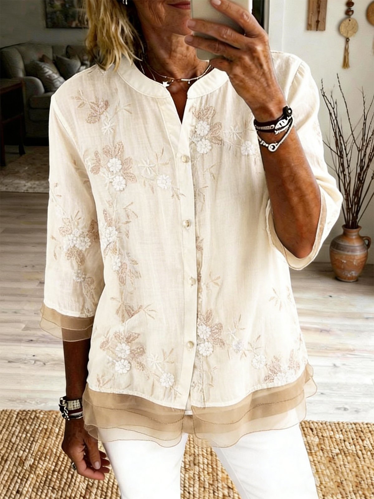 Embroidery Patterns Linen Blend Vintage Loose Shirt