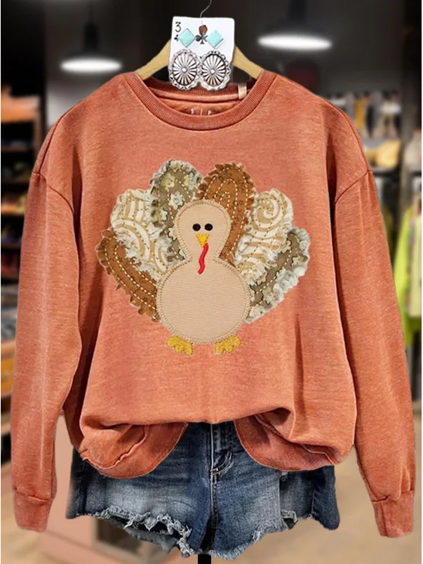 Women's Turkey Print Thanksgiving Crew Neck Sweatshirt