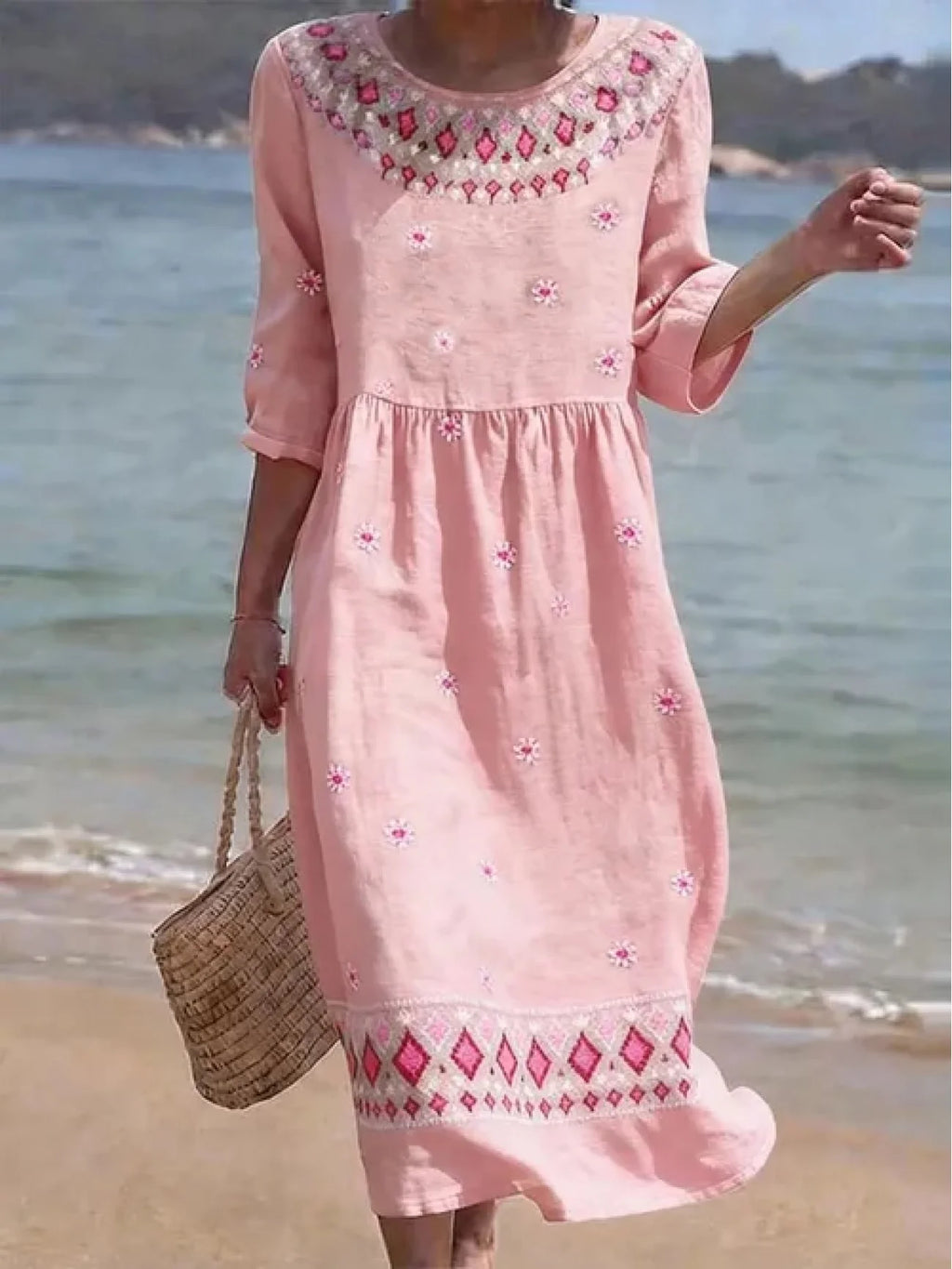 Women's Half Sleeve Summer Pink Abstract Printing Crew Neck Daily Going Out Casual Maxi H-Line Dress