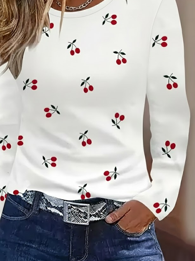 Women's Long Sleeve T-shirt Spring/Fall White Fruit Printing Jersey Crew Neck Daily Going Out Casual Top