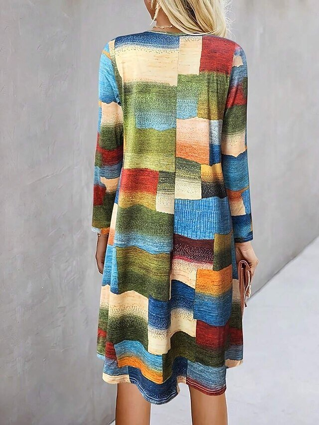 Vibrant Patchwork Print Long Sleeve Round Neck A Line Flowy Mini Dress Casual Swing Dress