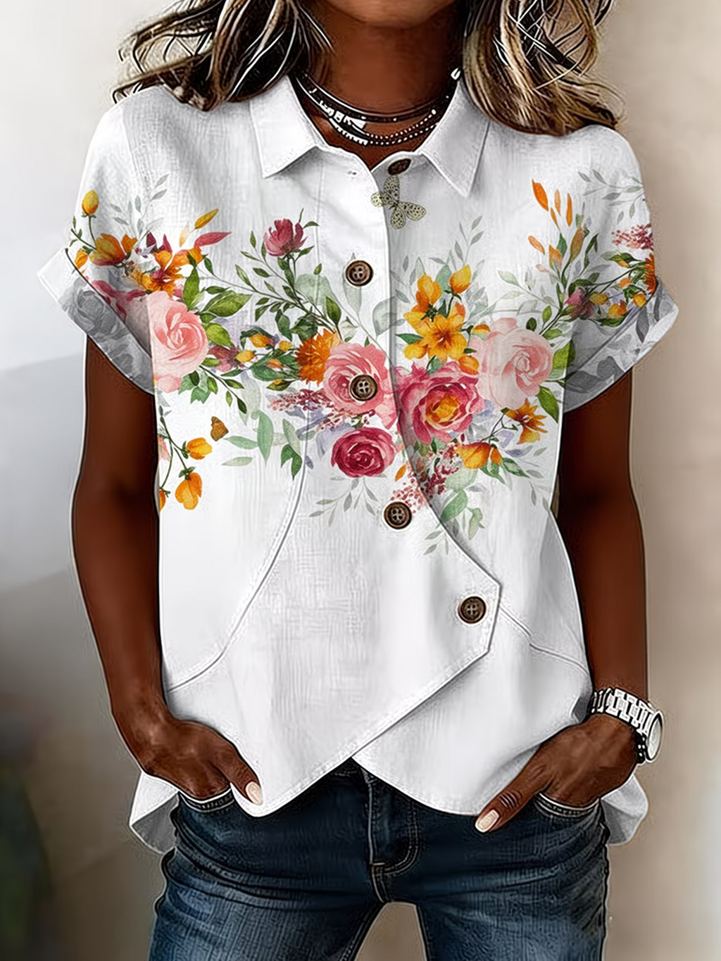 Women's Short Sleeve Shirt Summer White Floral Buckle Shawl Collar Daily Going Out Vintage Top