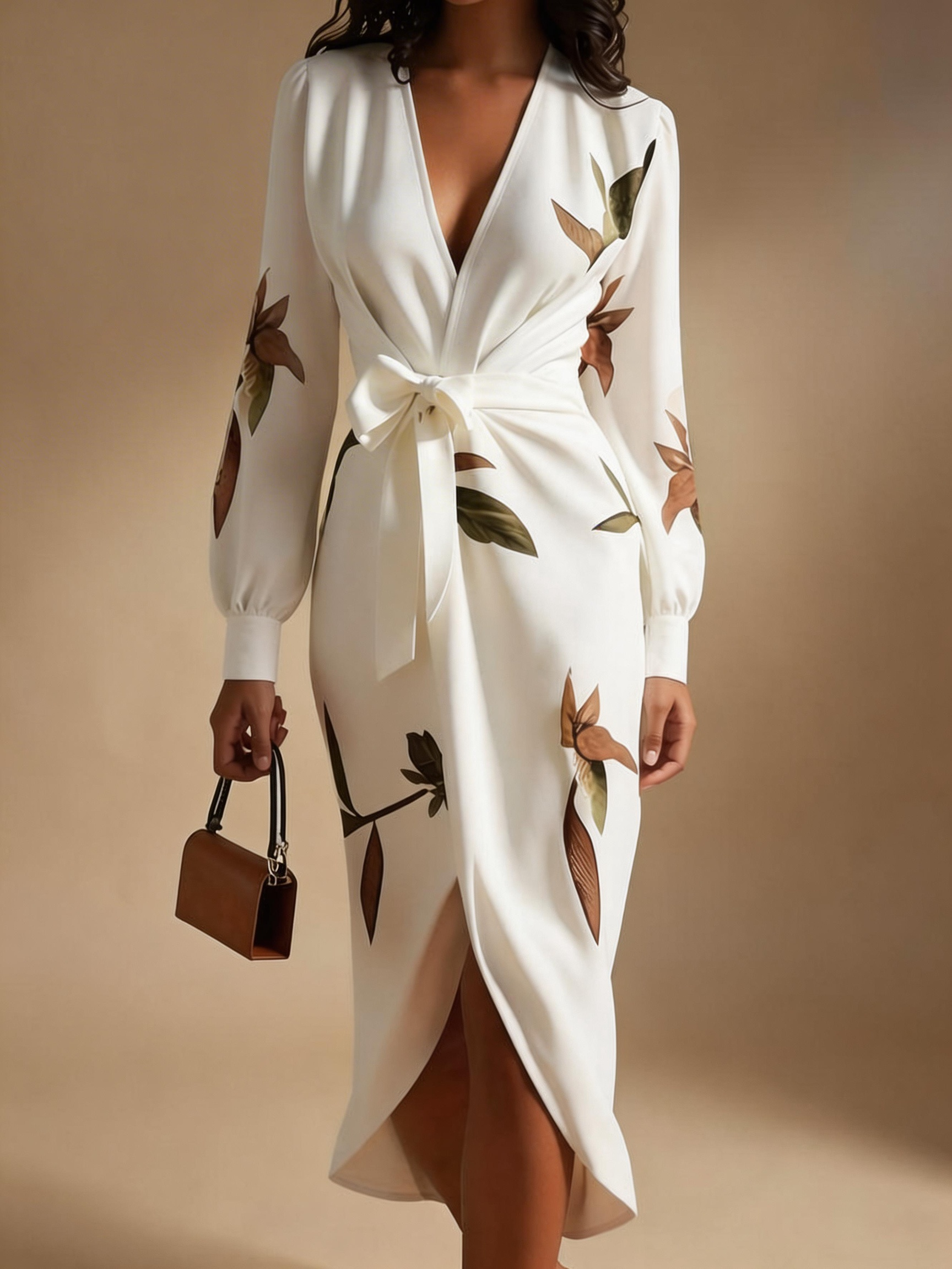 Elegant Botanical Print V-Neck Satin Wrap Midi Dress