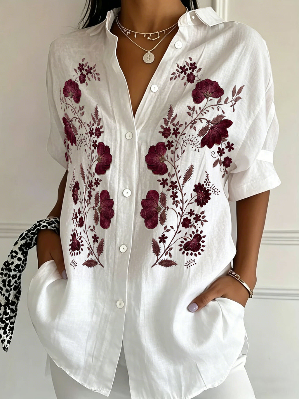 Floral Print Shawl Collar Short Sleeve Linen Blend Casual Shirt
