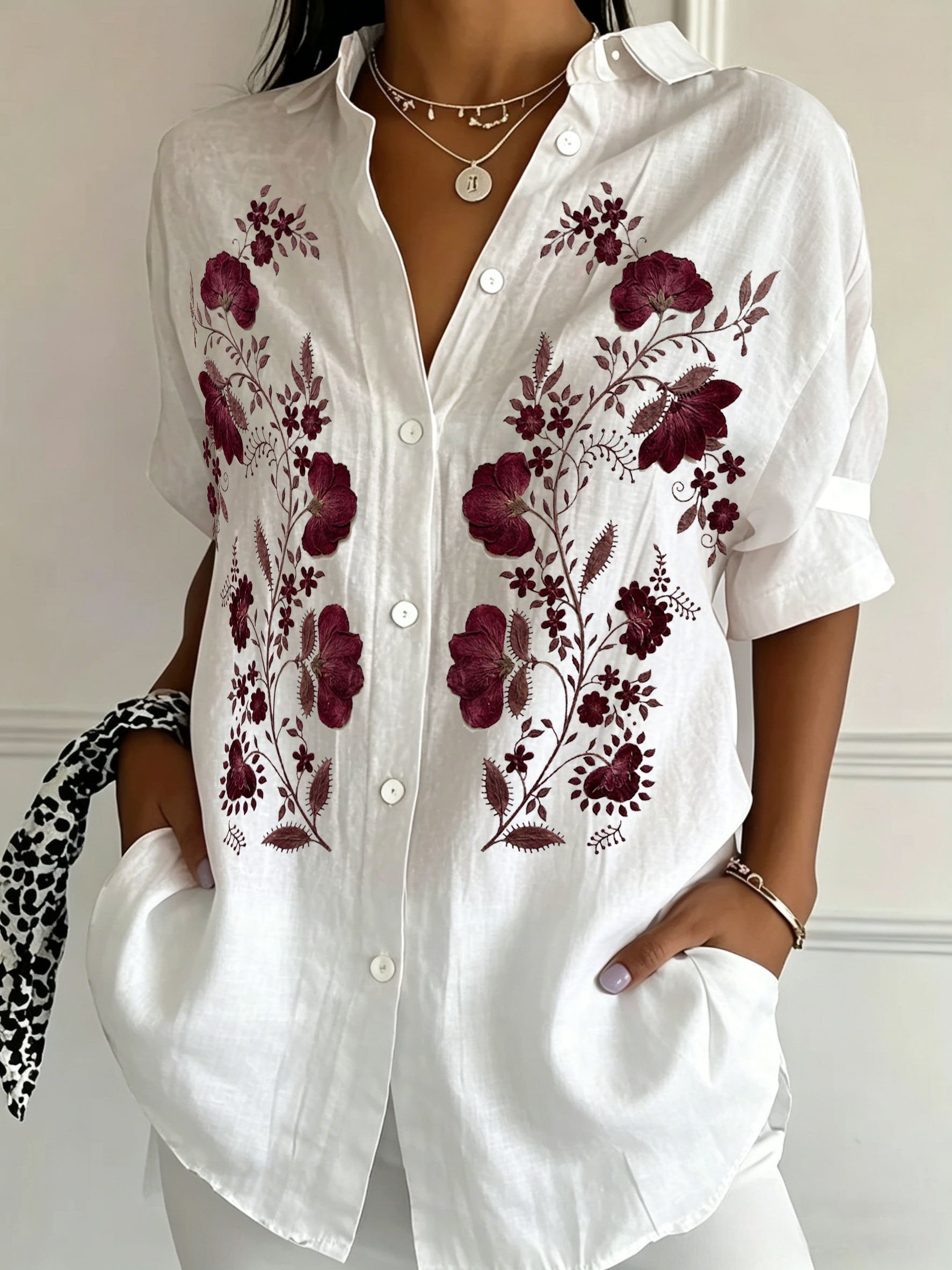 Floral Print Shawl Collar Short Sleeve Linen Blend Casual Shirt