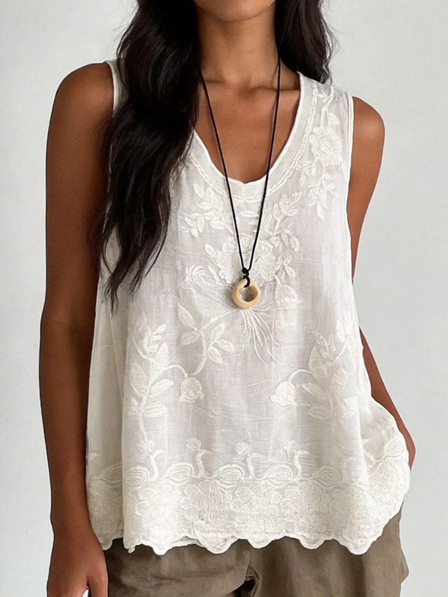 Women Vintage Cotton And Linen U-Neck Sleeveless Embroidery Patterns A-Line Casual Top