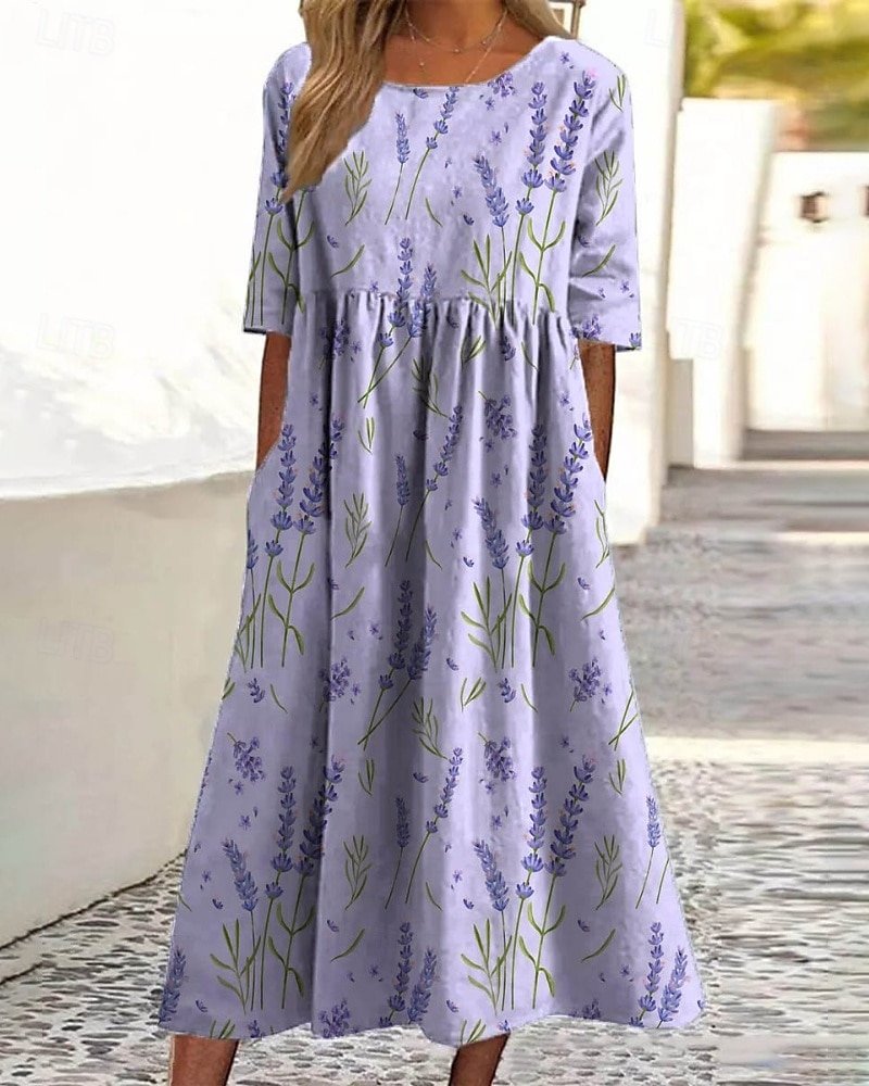 Casual Loose Floral Crew Neck Dress With No