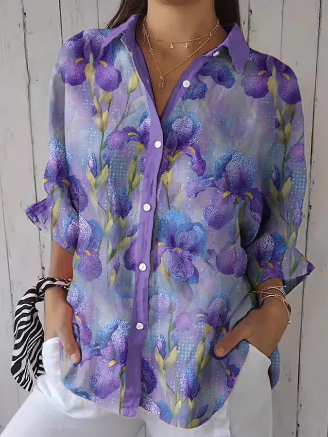 Women Casual Floral Loose Three Quarter Sleeve Shirt Collar Shirts