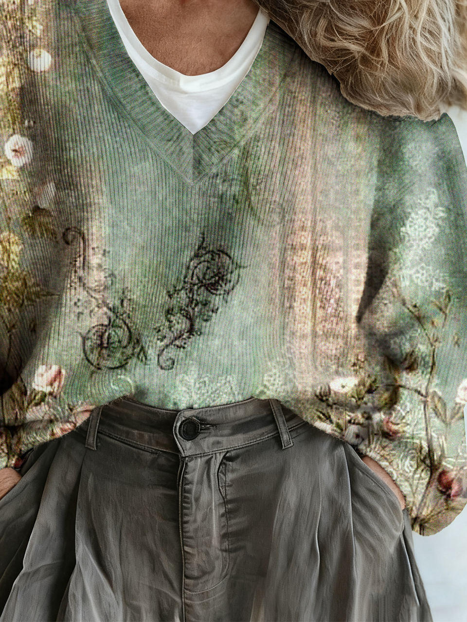 Vintage Floral Loose V Neck Sweater
