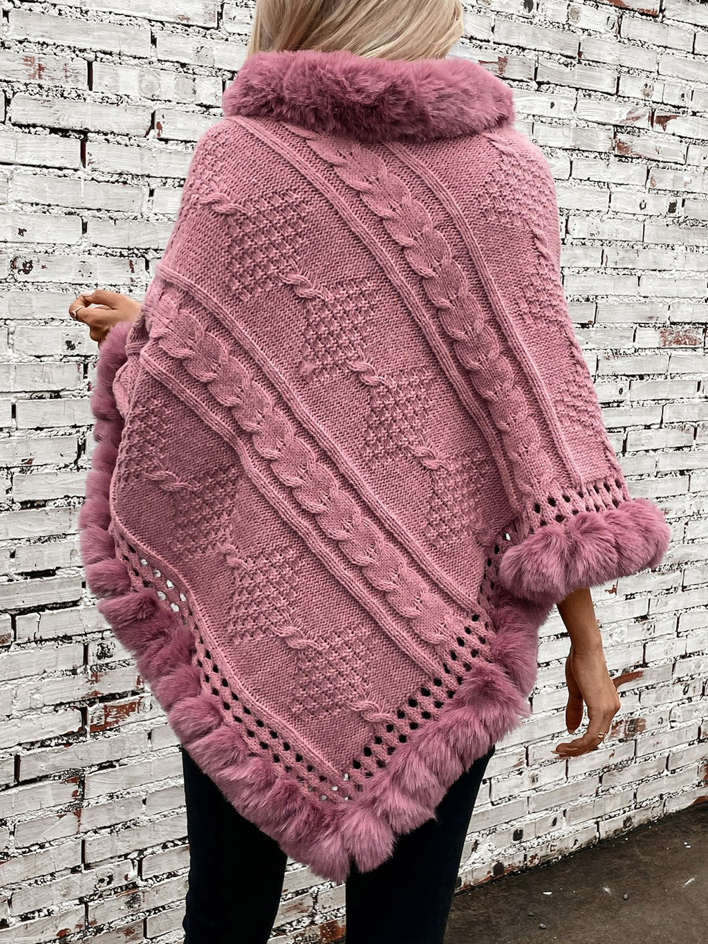 Fur Collar Elegant Plain Crew Neck Cloak