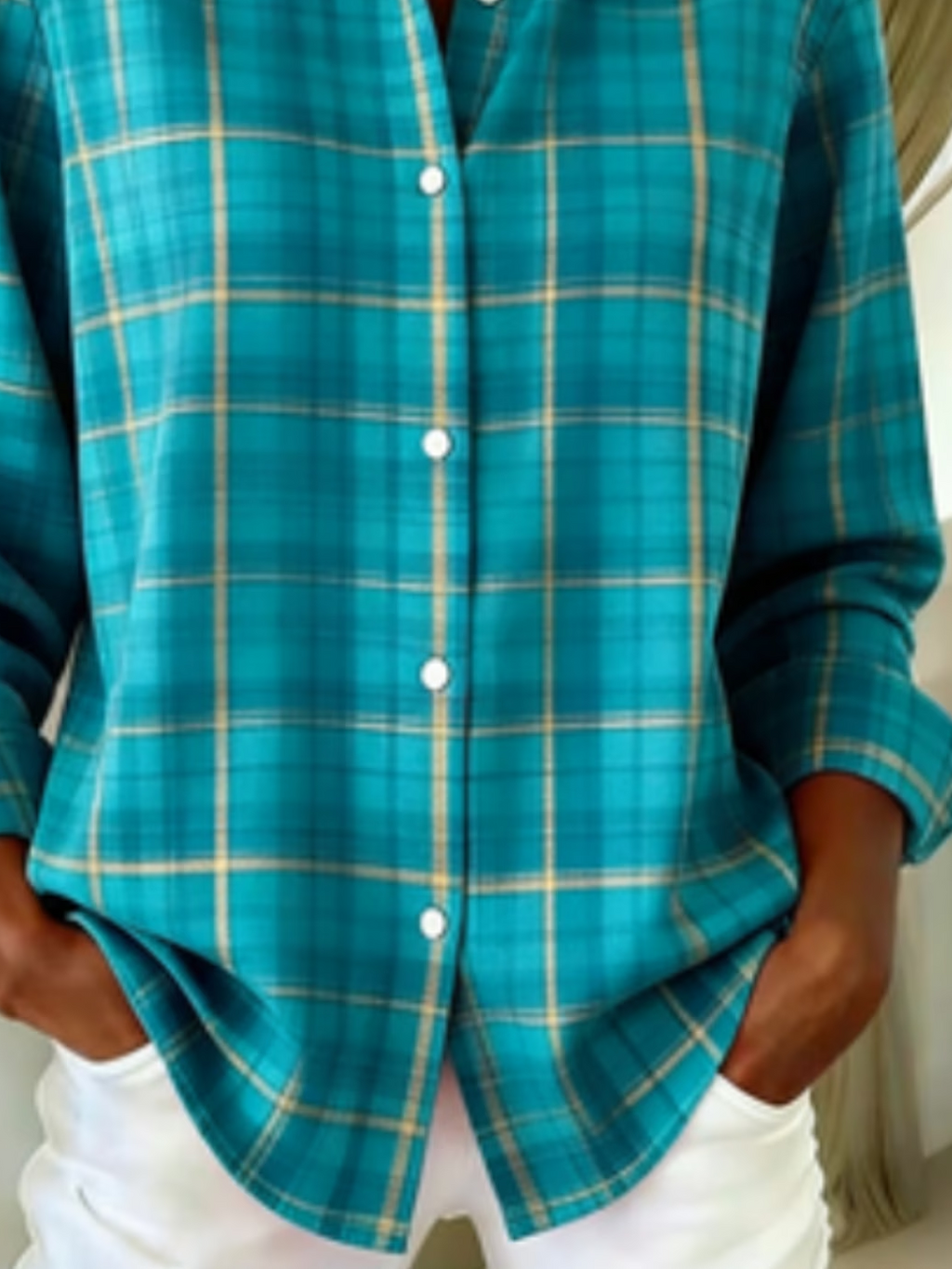Women's Long Sleeve Shirt Spring/Fall Cyan Plaid Buckle Shirt Collar Regular Sleeve Daily Going Out Casual Top