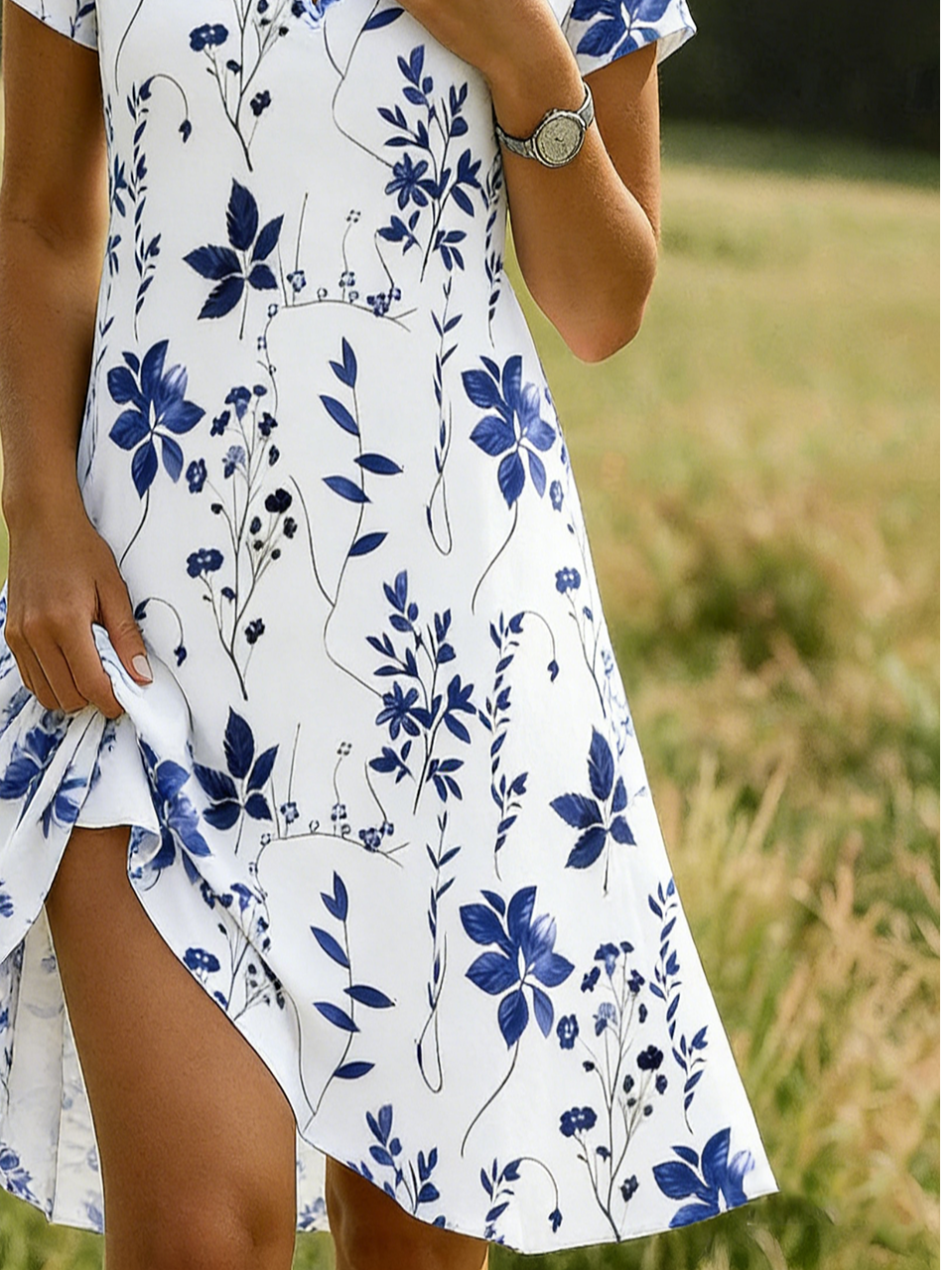 Women’s White & Blue Leaf Print V Neck Short Sleeve Shirt Midi Dress