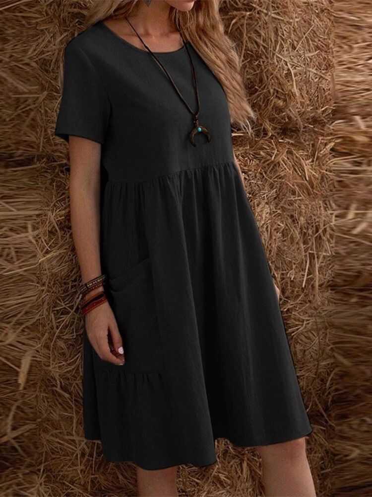 Plain Cotton And Linen Casual Round Neck Short Sleeve Pocket A-Line Hem Dress