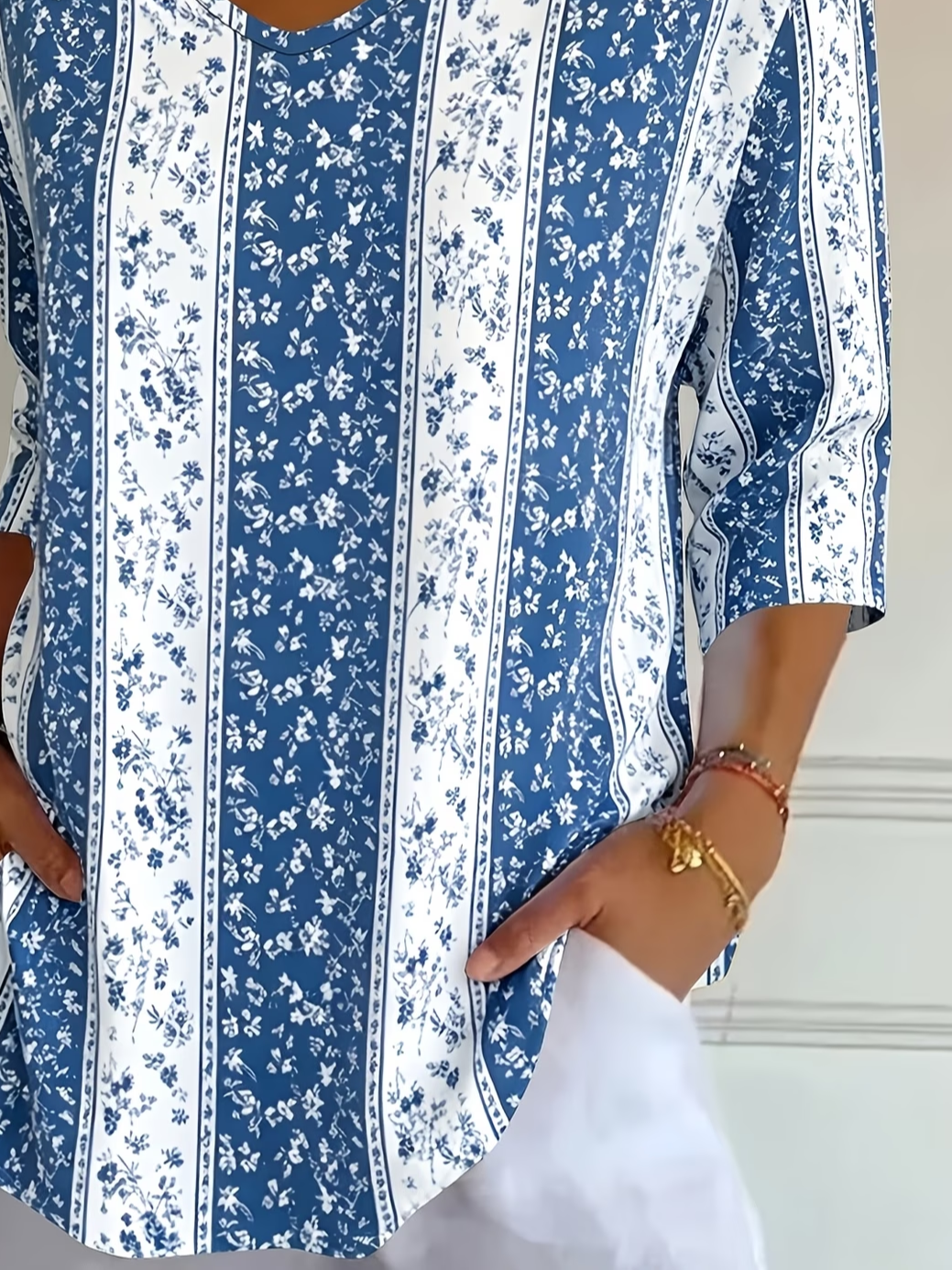 Women's Three Quarter Sleeve T-shirt Spring/Fall Blue Floral Printing V Neck Daily Going Out Casual Top
