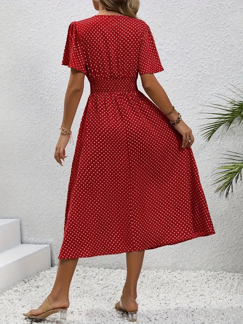 Women's Short Sleeve Summer Blue Polka Dots Split Joint V Neck Daily Going Out Casual Maxi A-Line Tank Dress