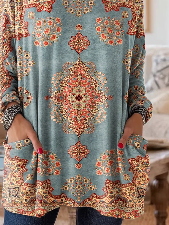 Women's Long Sleeve T-shirt Spring/Fall Blue Floral Printing Crew Neck Daily Going Out Vintage Top