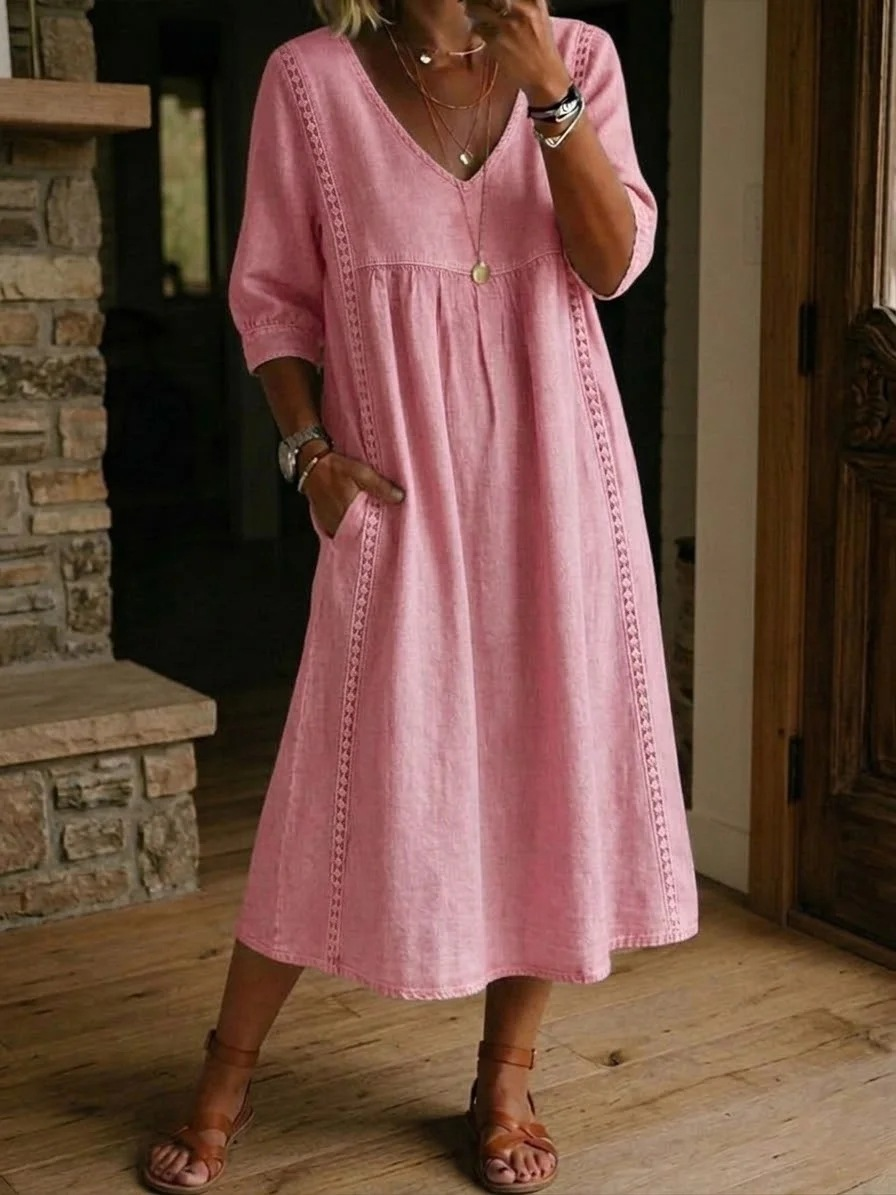 Plain Cotton Linen V Neck Short Sleeve Lace Casual Dress