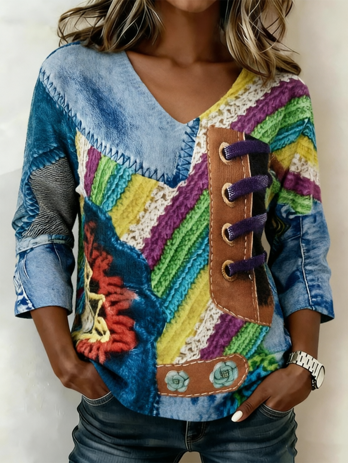 Women's V-Neck 3/4-Sleeve Vintage Print T-Shirt