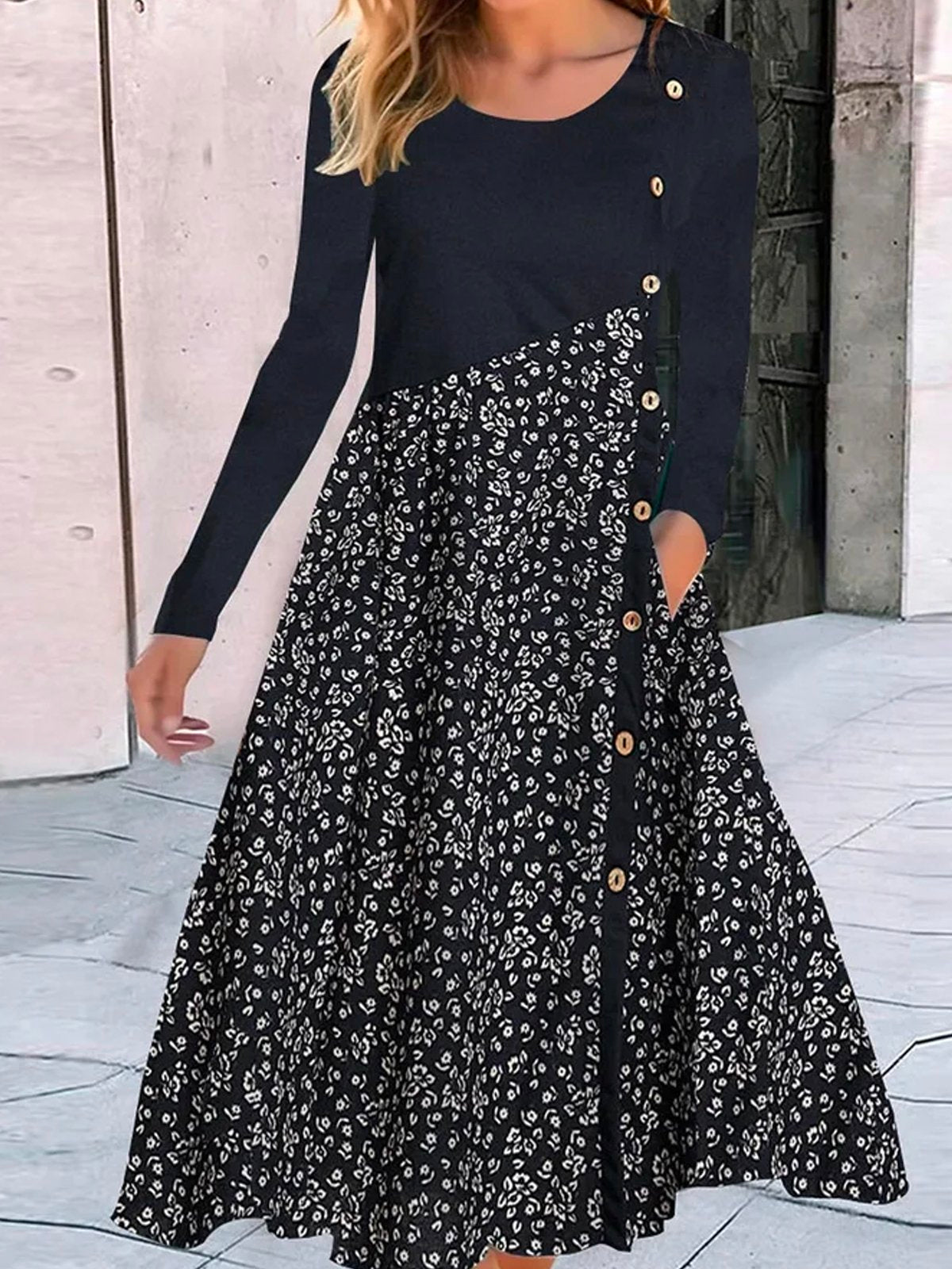 Buttoned Loose Floral Daily Casual Jersey Crew Neck A-Line Long Sleeve T-Shirt Dress