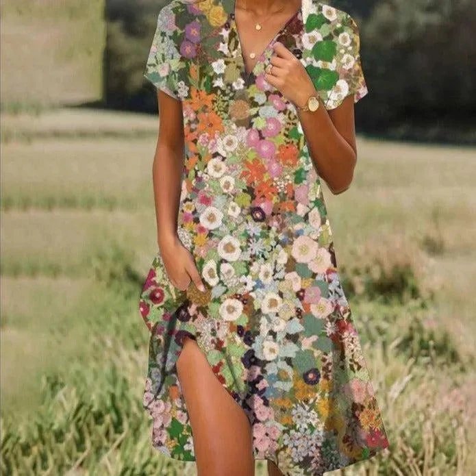 Elegant Floral Shawl Collar Loose Shirt Dress With No